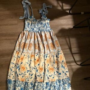 Girls Blue and Cream Floral Tiered Sundress with Tie Straps